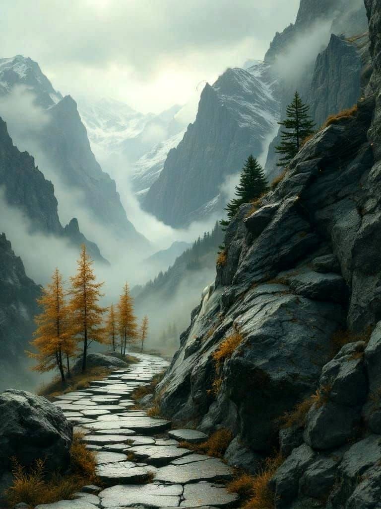 Mystical Mountain Landscape with Foggy Peaks and Lush Forest
