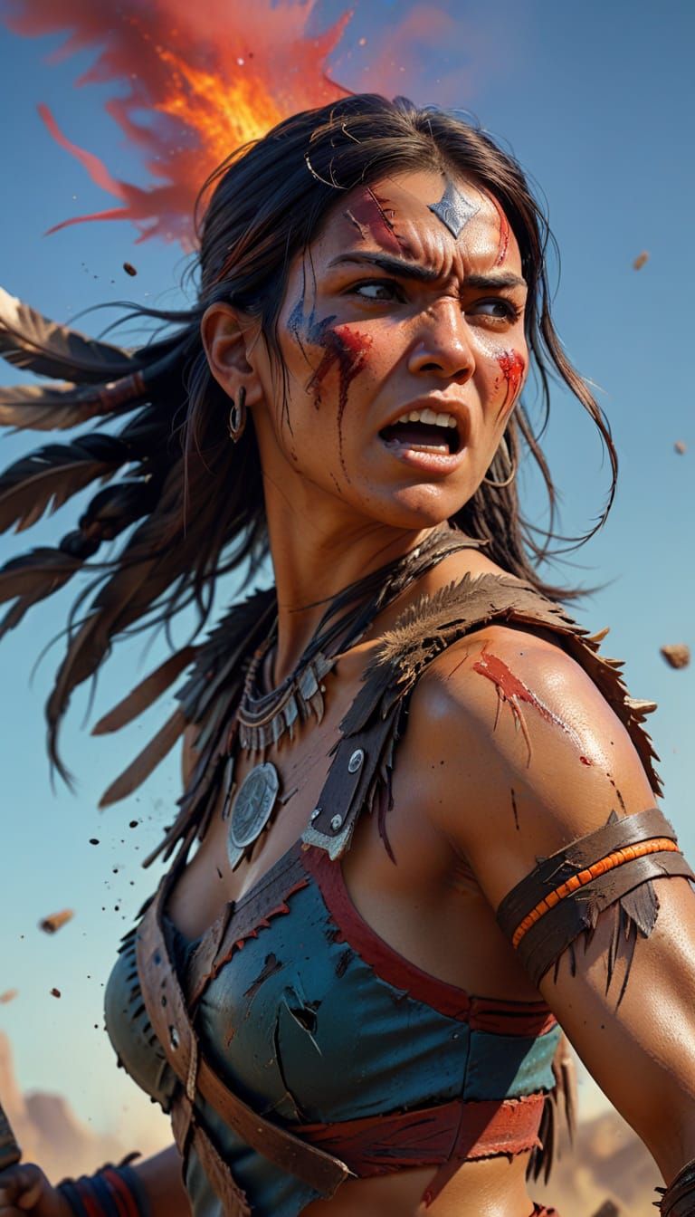Fierce Native American Warrior in Hyperrealistic Splash Art ...