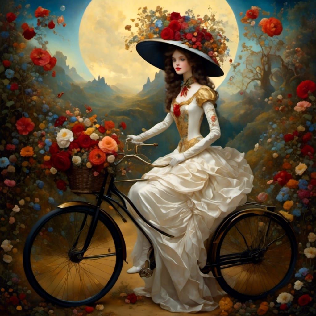 Robot Girl Rides Bike in Surrealist Garden