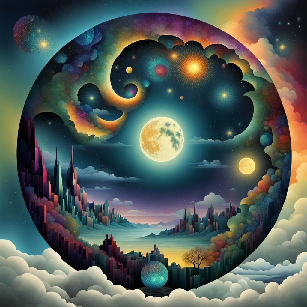 Surreal Cubist Dreamscape with Starry Night Elements