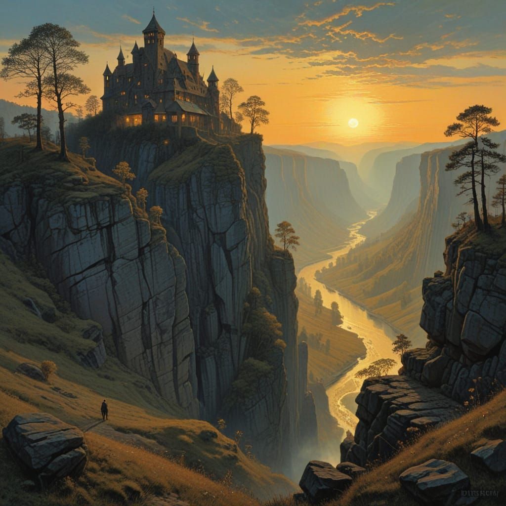 Romantic Evening Gorge Scene in Art Nouveau Style