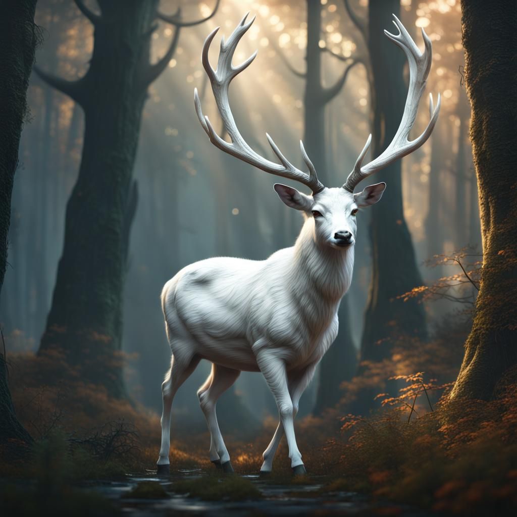 Majestic White Deer in Enchanted Forest