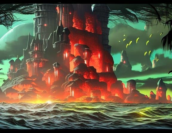 Ocean Fortress at Night: Fantasy Concept Art