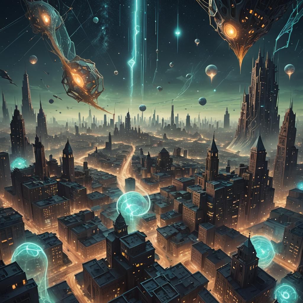 Surreal Cityscape Floating in Bioluminescent Mist