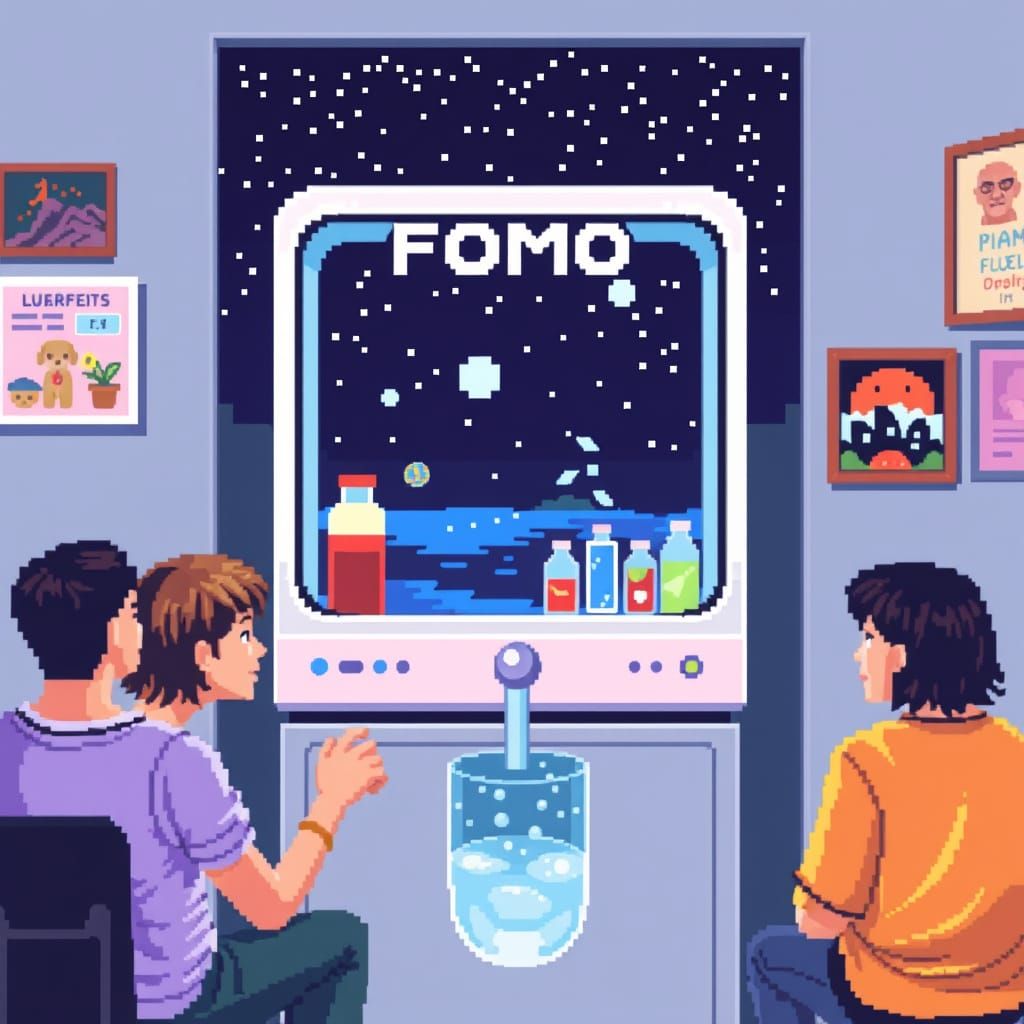 FOMO by the watercooler. pixellated. 8-bit art. 1996