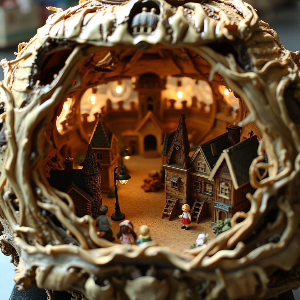 Miniature Town Inside Wasp Nest in Whimsical Style