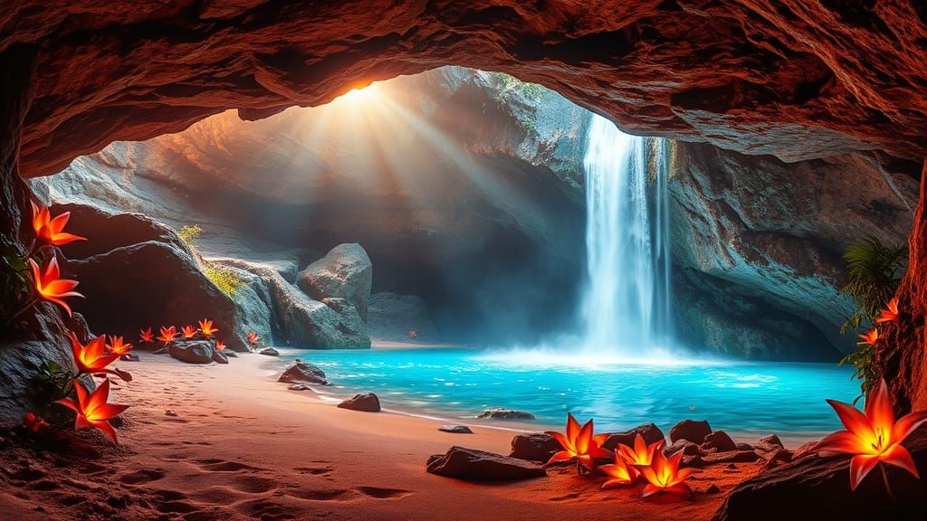 Surreal Waterfall Oasis in a Radiant Cave