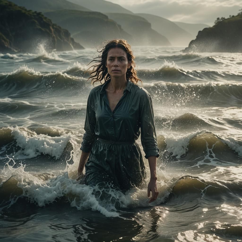 Dichotomous Water Woman in Cinematic Landscape