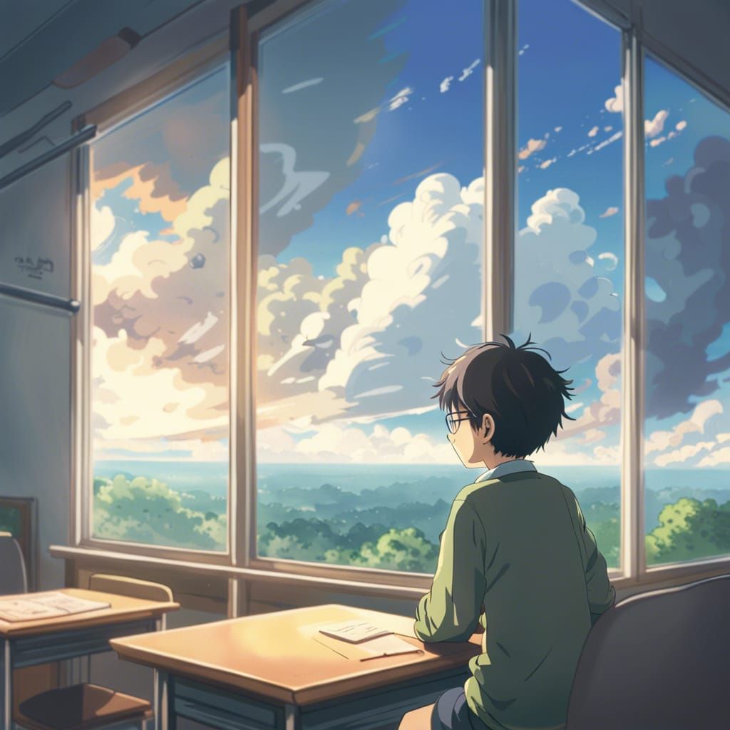 Boy Stares at Clouds in Anime Classroom Scene