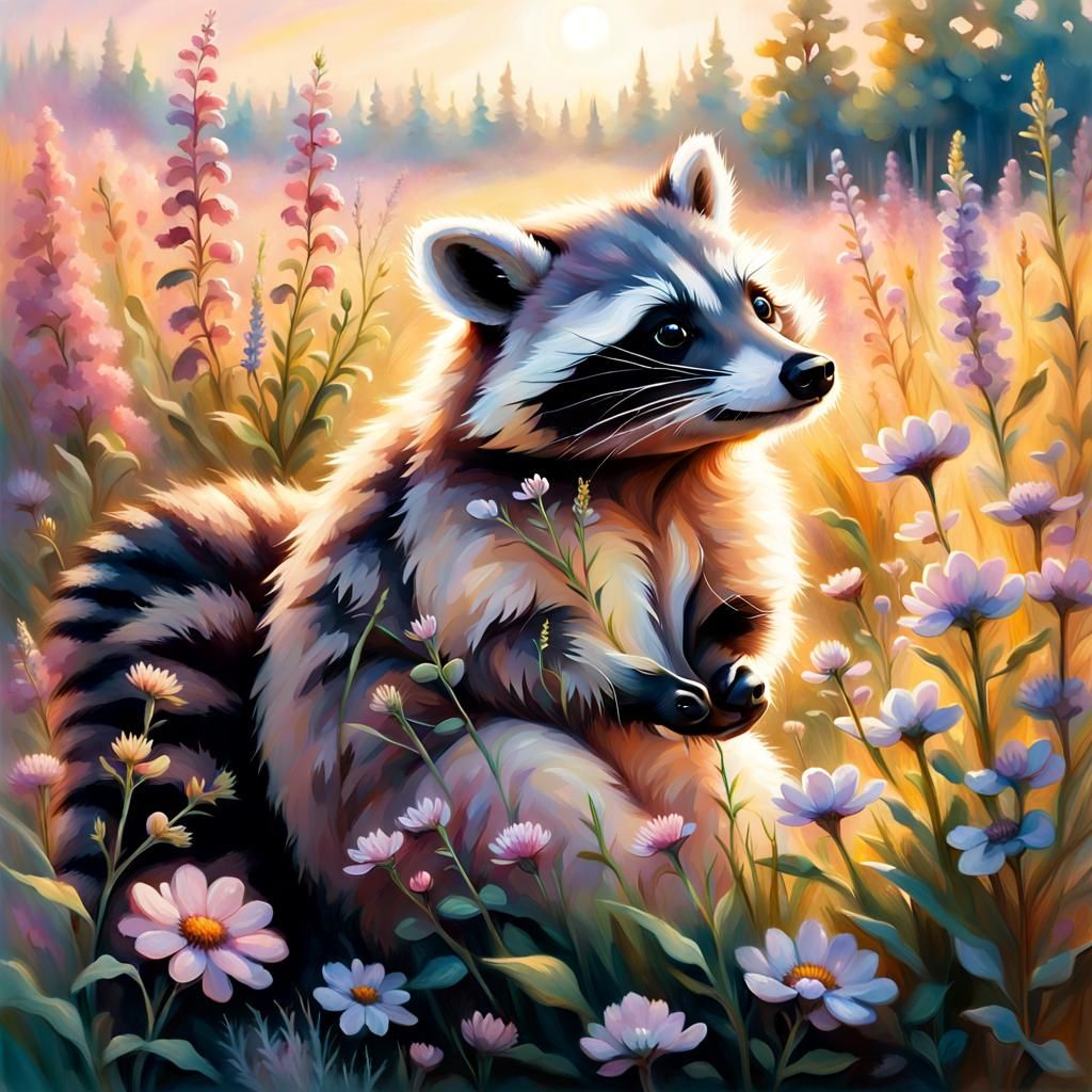 Raccoon-Pig Hybrid in Wildflower Field, Fantasy Painting