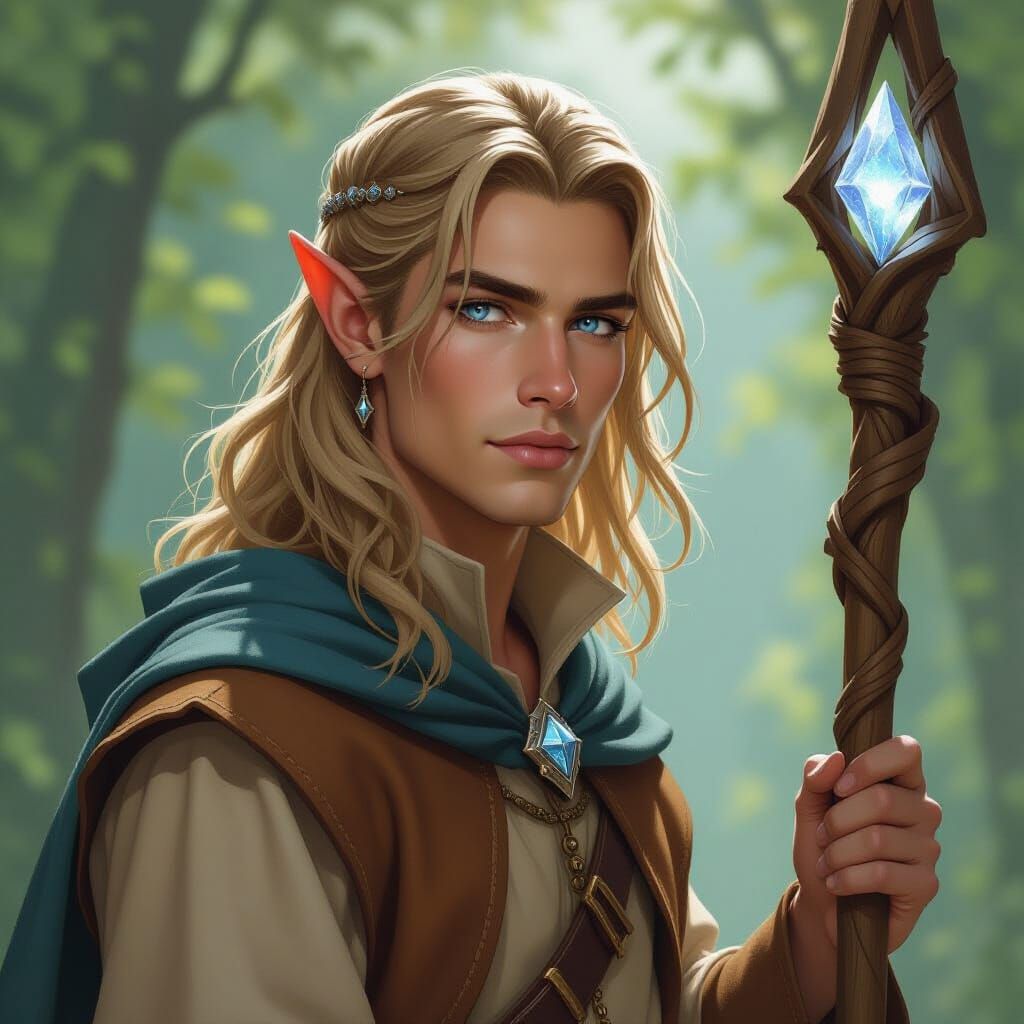 High Elf Mage with Glowing Staff in Fantasy Art Style