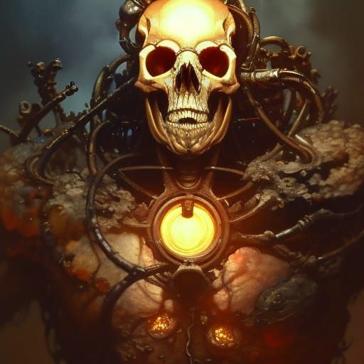 Reanimated Skull Portrait with Burning Eyes, Watercolor