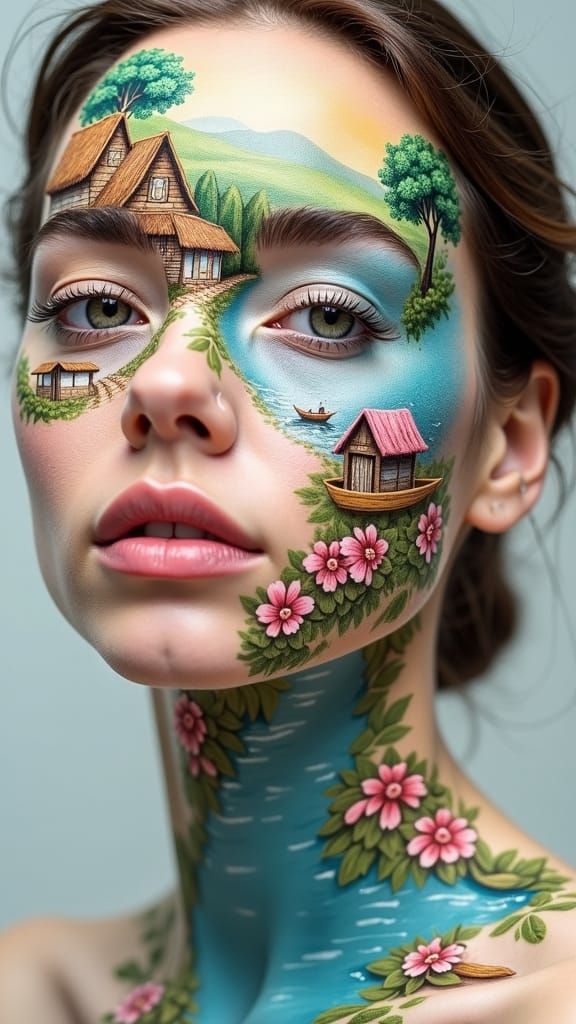 Village Scene on Woman's Face: Splash Art Illustration