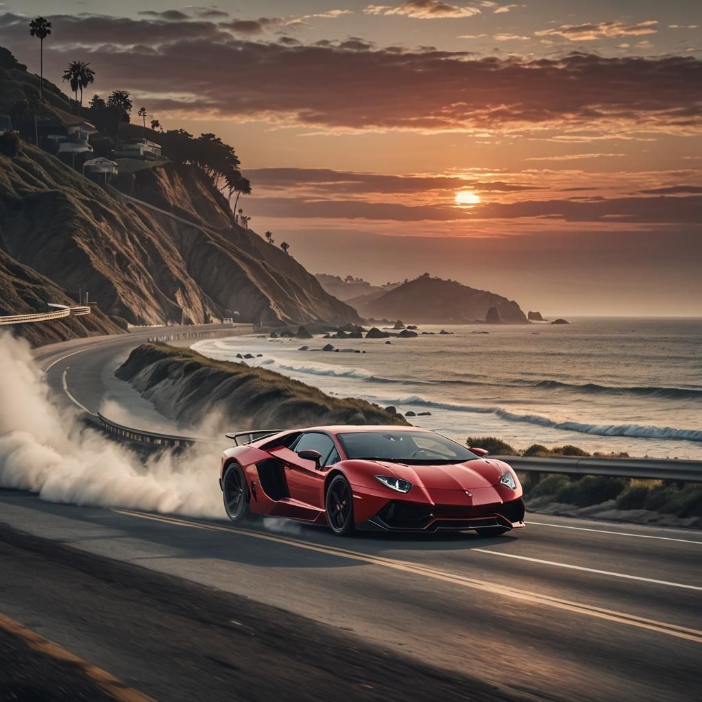 Red Lamborghini Aventador Races California Sunrise