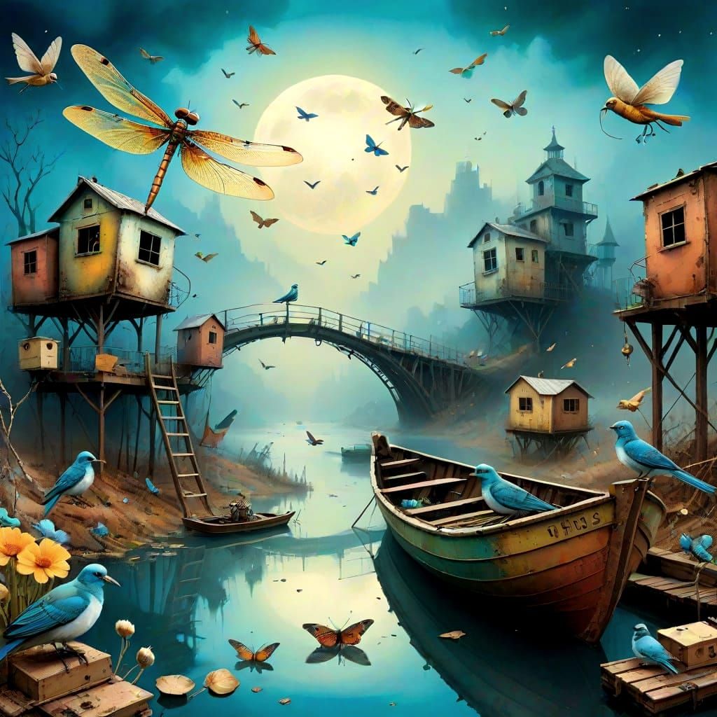 Surreal Birds in Misty Lake Collage