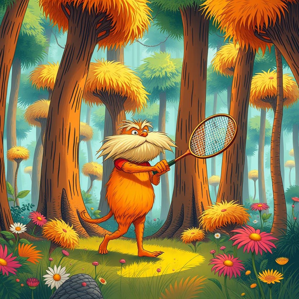 The Lorax Plays Badminton in Whimsical Forest