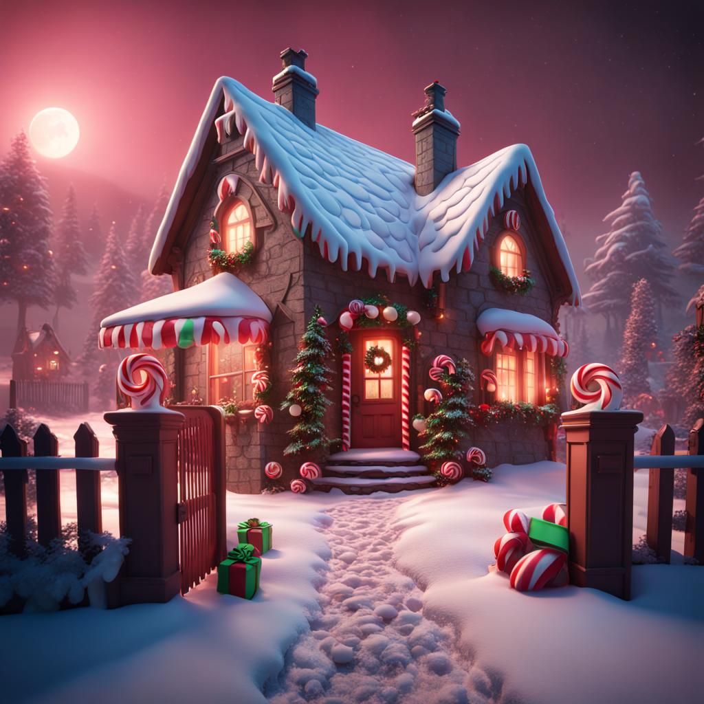 Christmas Candyland Cottage in Detailed Matte Painting