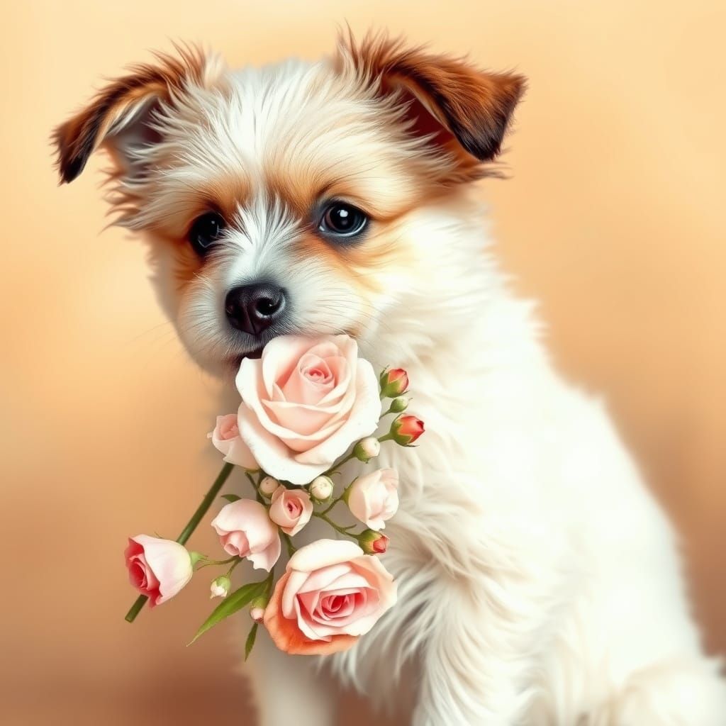 Playful Puppy Holds Delicate Bouquet of Roses in Mouth