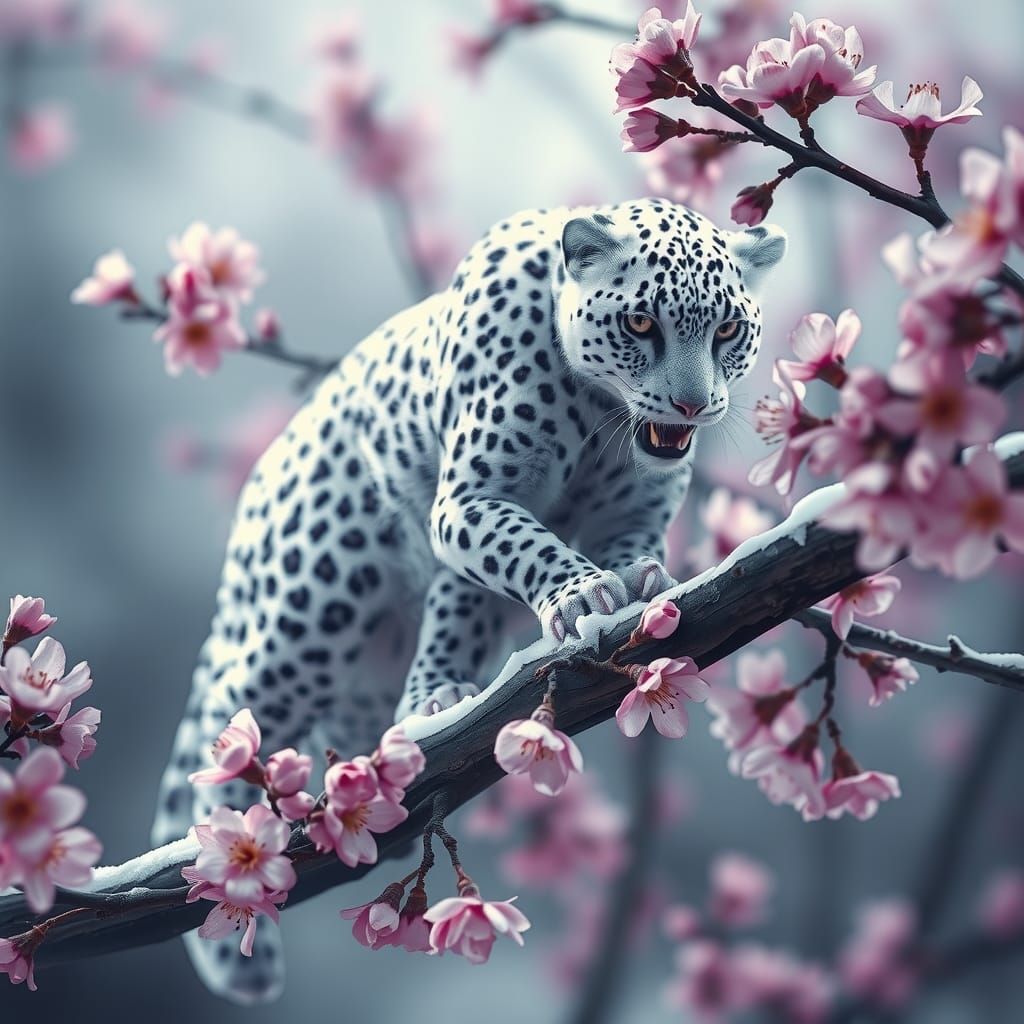 Snow Leopard in Blossoms, Fantasy Double Exposure