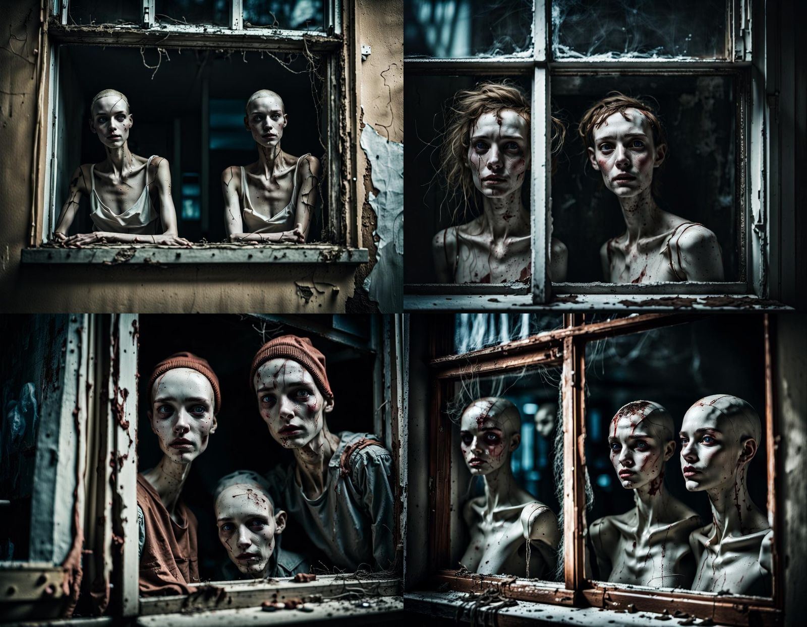 Creepy Mannequins in Run-Down Building, Hyperrealistic Portr...