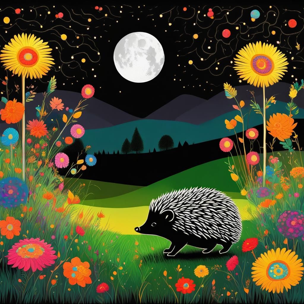 Colorful Hedgehog Under Fairy Lights in Palekh Style