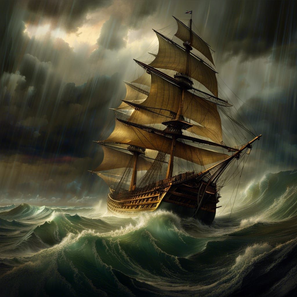 Ship on Stormy Sea: Dramatic Maritime Painting