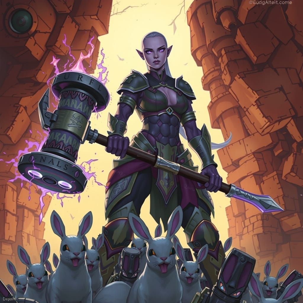 Drow Warrior Victorious Amidst Robot Rabbits