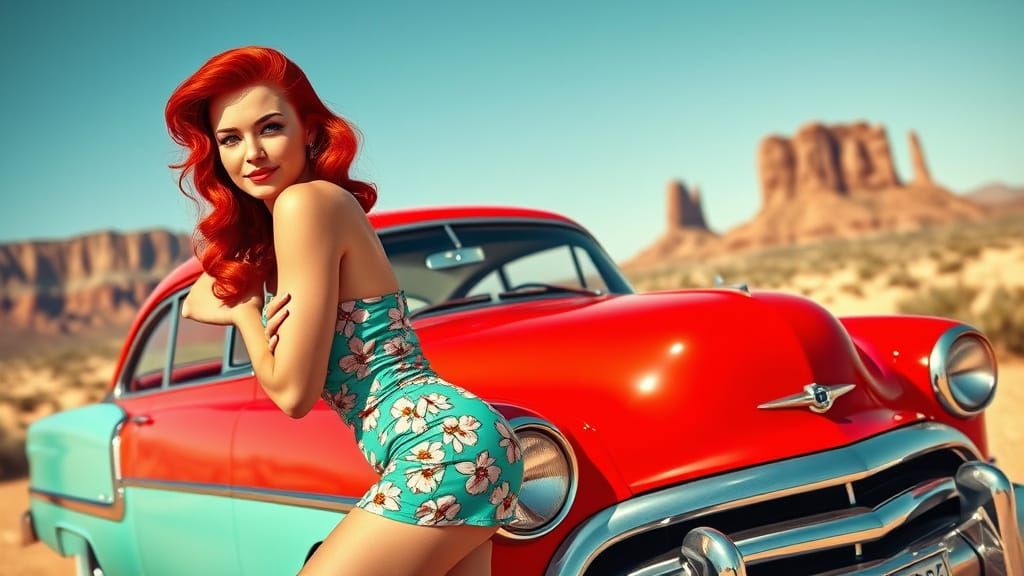Retro Pin-Up Girl in Vintage Car with Turquoise Romper and D...