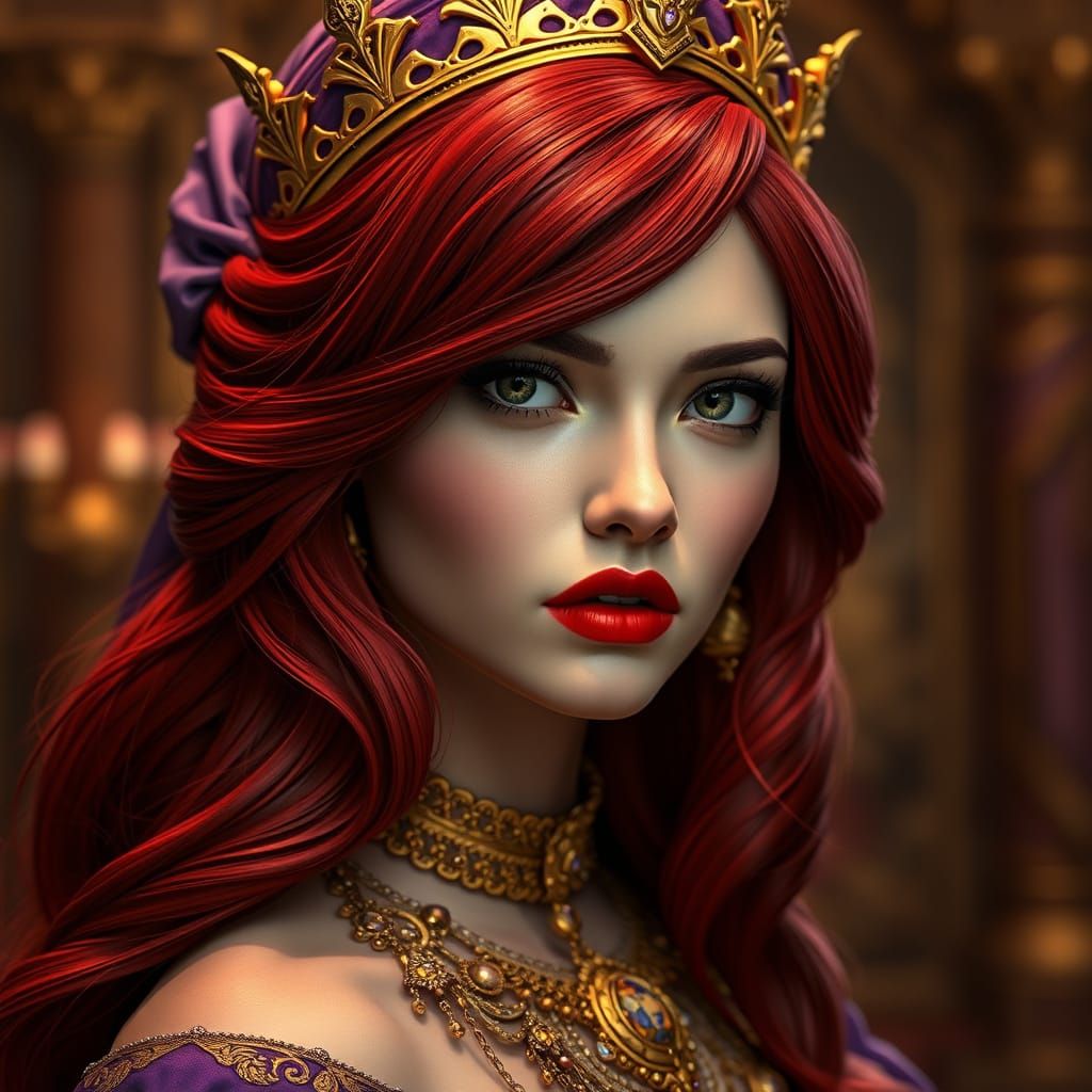 Highly detailed, realistic portrait of a stunningly beautiful woman with smooth silky red hair, gold crown, purple headd...