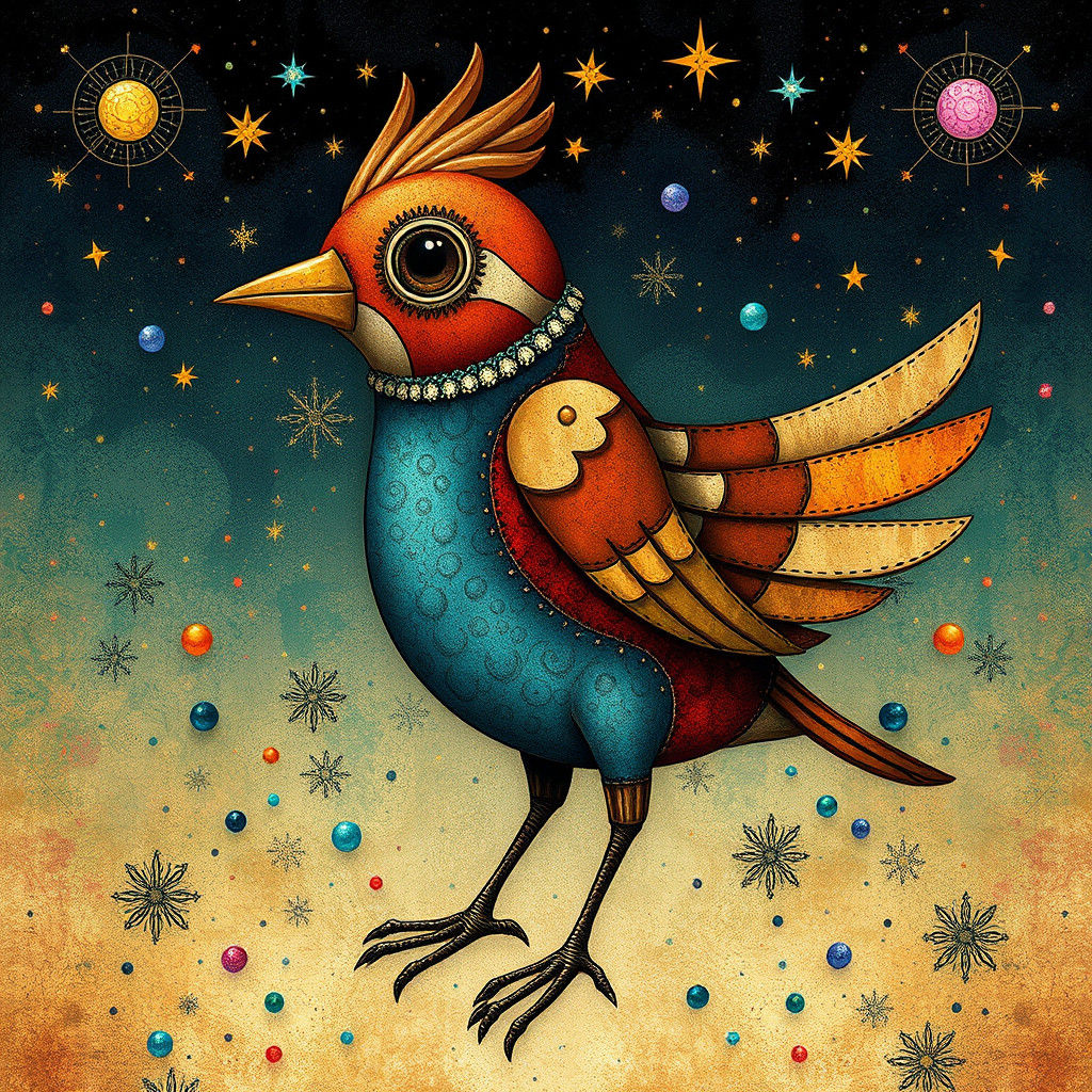 Whimsical Metal Bird in Pointillism Pop Art