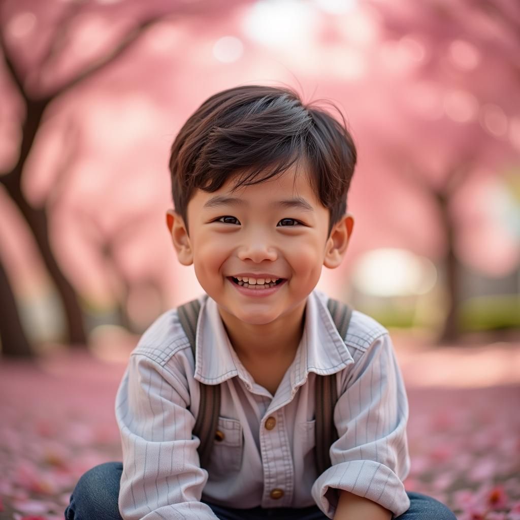 Boy Smiling in Cherry Blossoms: Professional Portrait