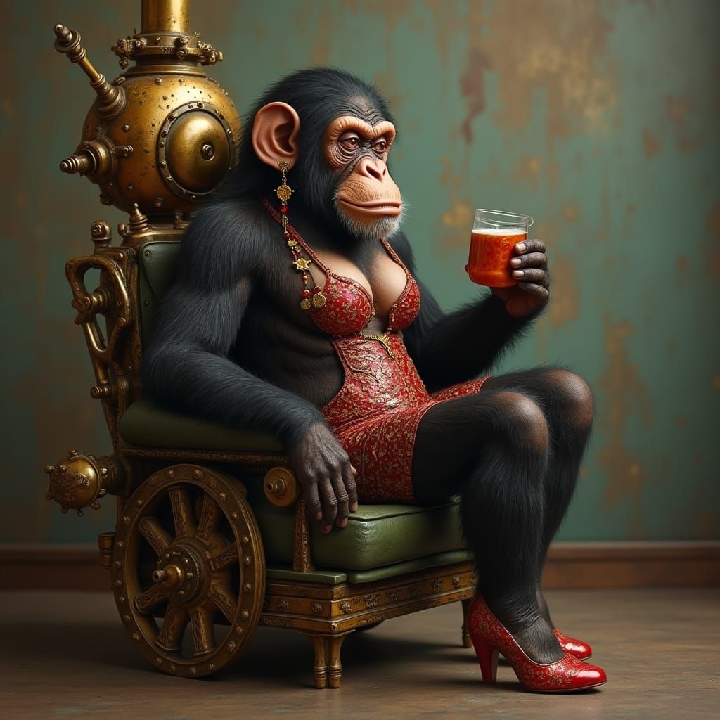 Chimp Model in Steampunk Engine wearing Swimsuit and Heels