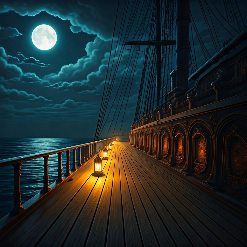 Majestic Ship in Dark Sea with Golden Lanterns
