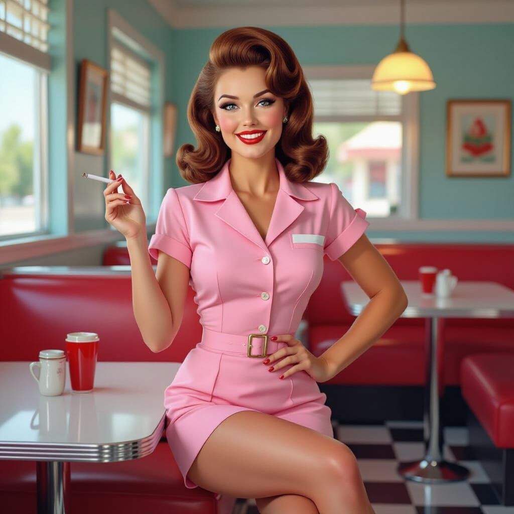 1950s Pin-Up Waitress with Beehive Hair and Cigarette