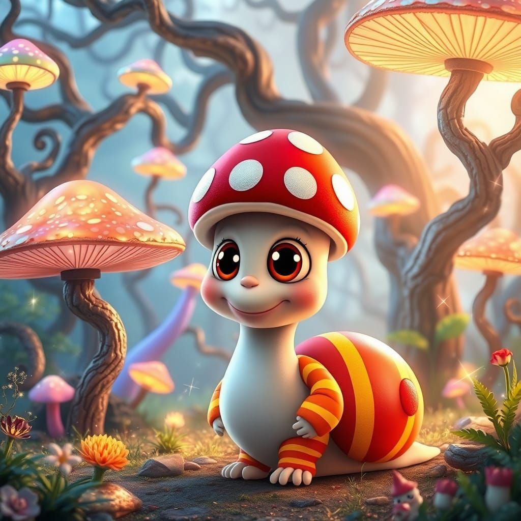 Whimsical Wonderland Snail in Vibrant Mushroom Cap and Onesi...