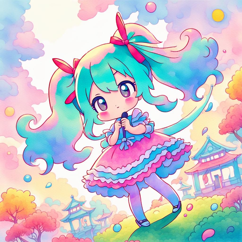 Pastel Anime Hatsune Miku in Japanese Garden