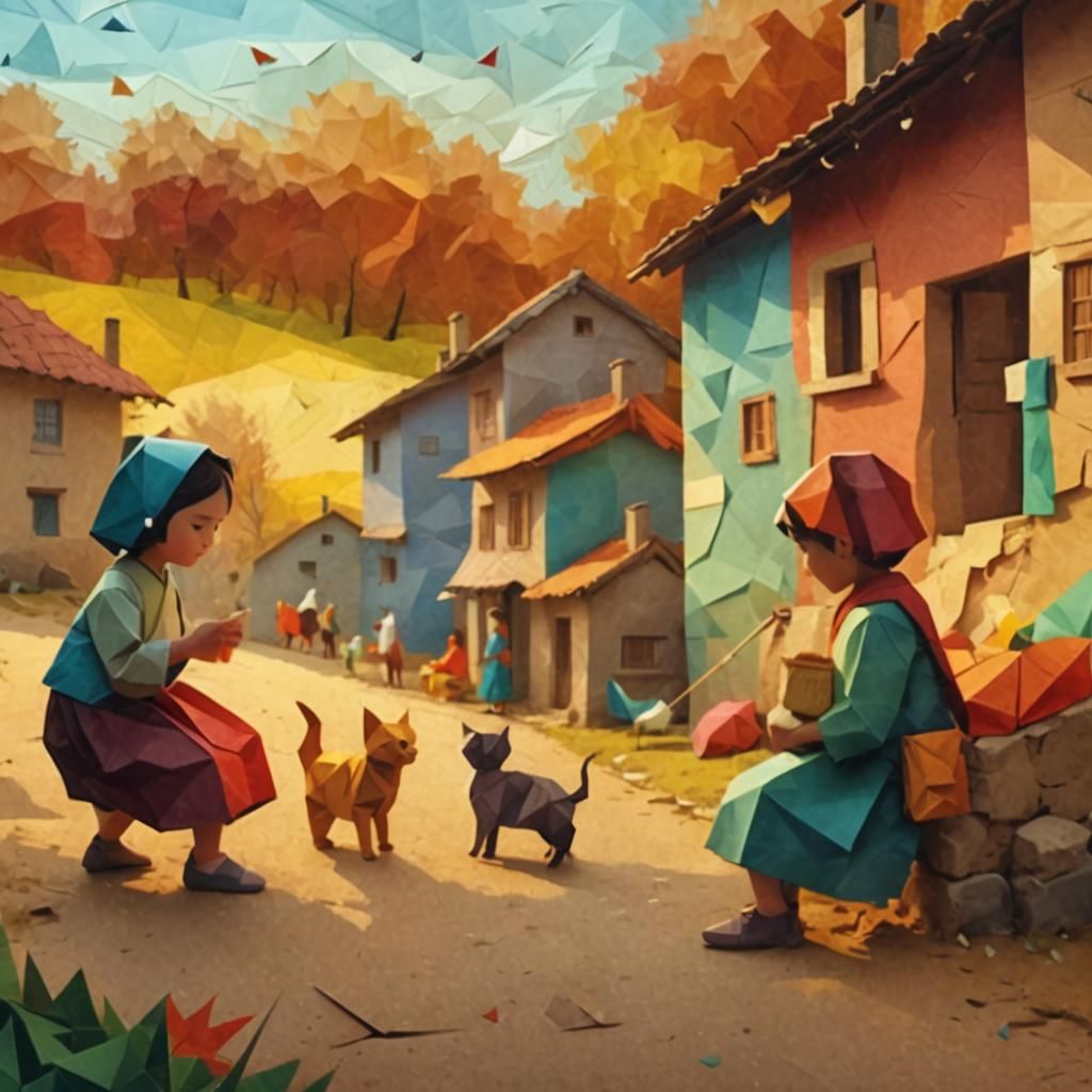 Origami Folk Art: Children Playing in Village Street