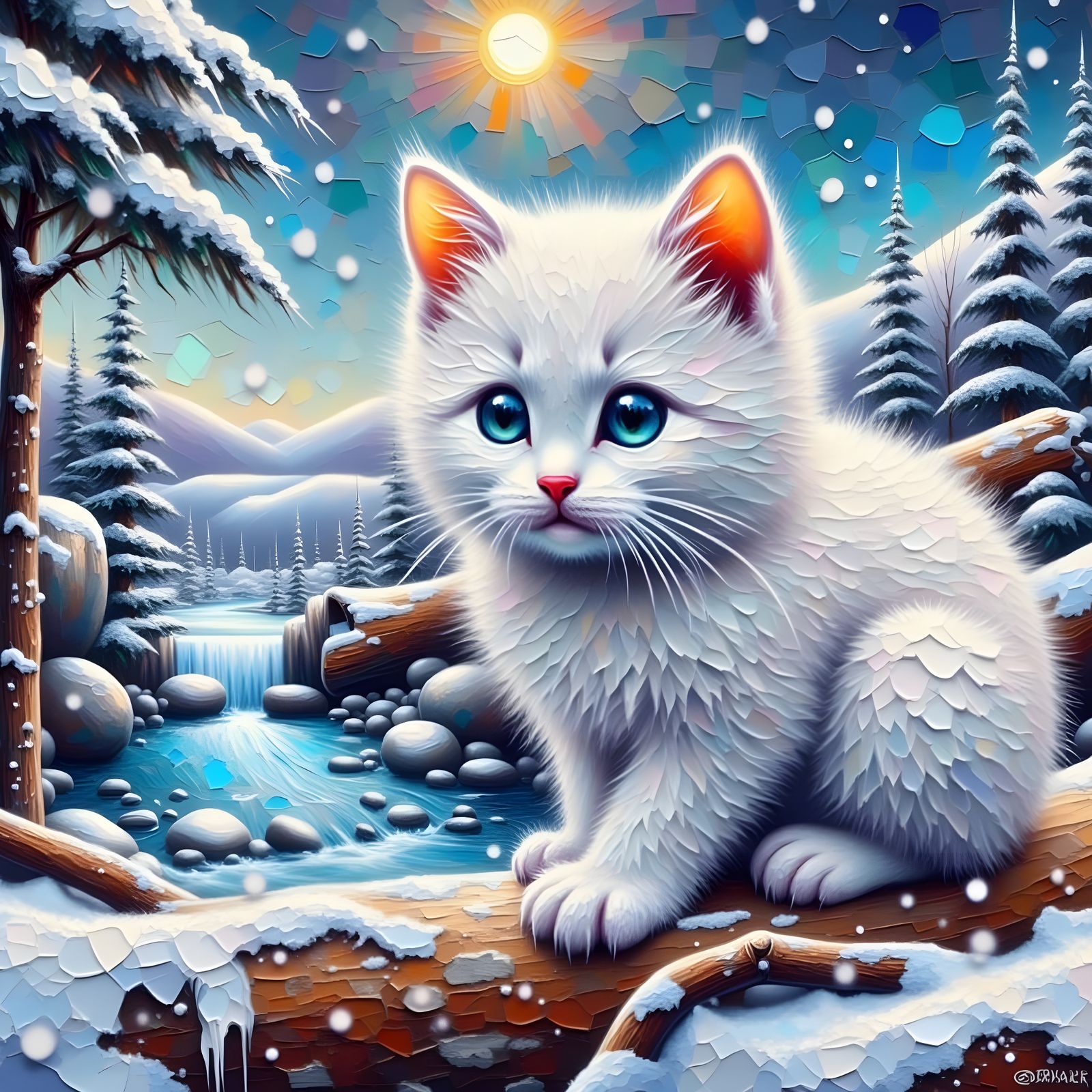 Cute Persian Kittens in Snowy Mountain Valley - Impasto Pain...