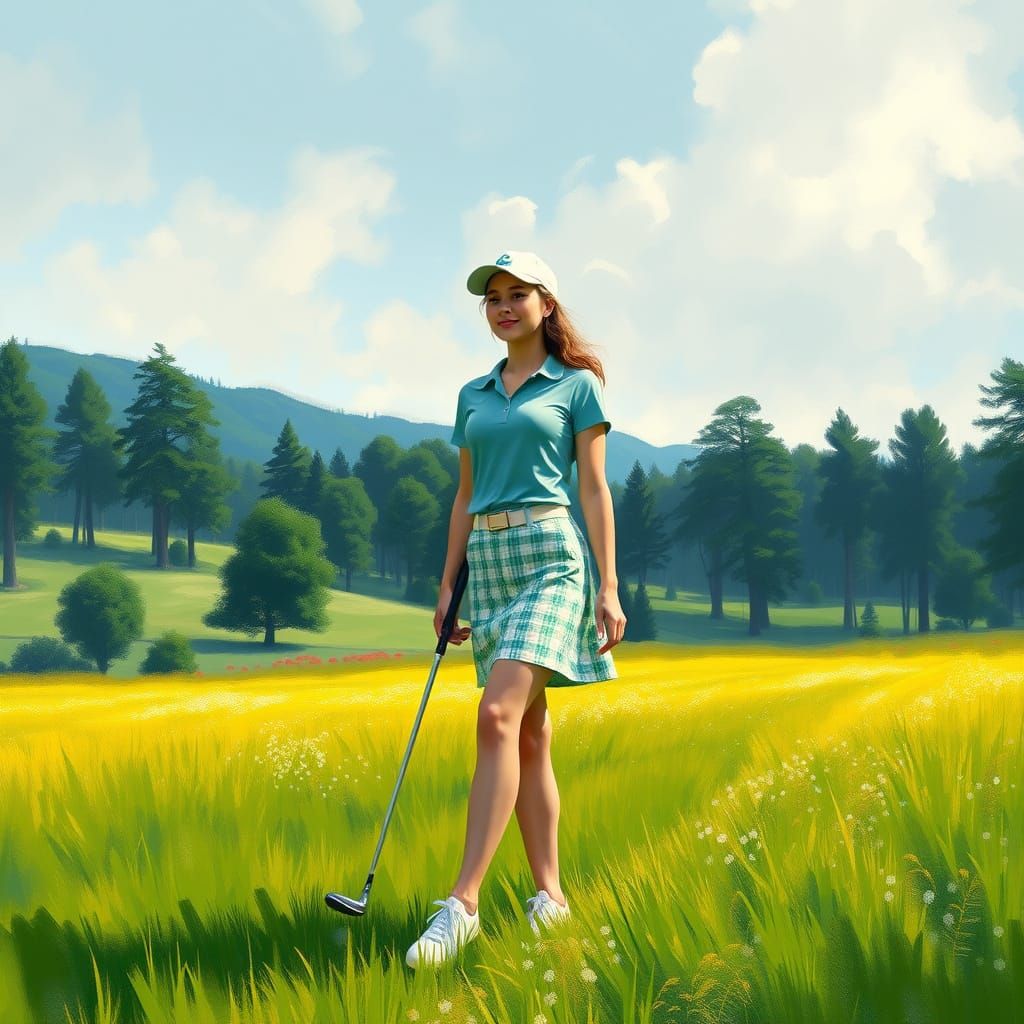 Woman Tees Off in a Serene Impressionist Landscape