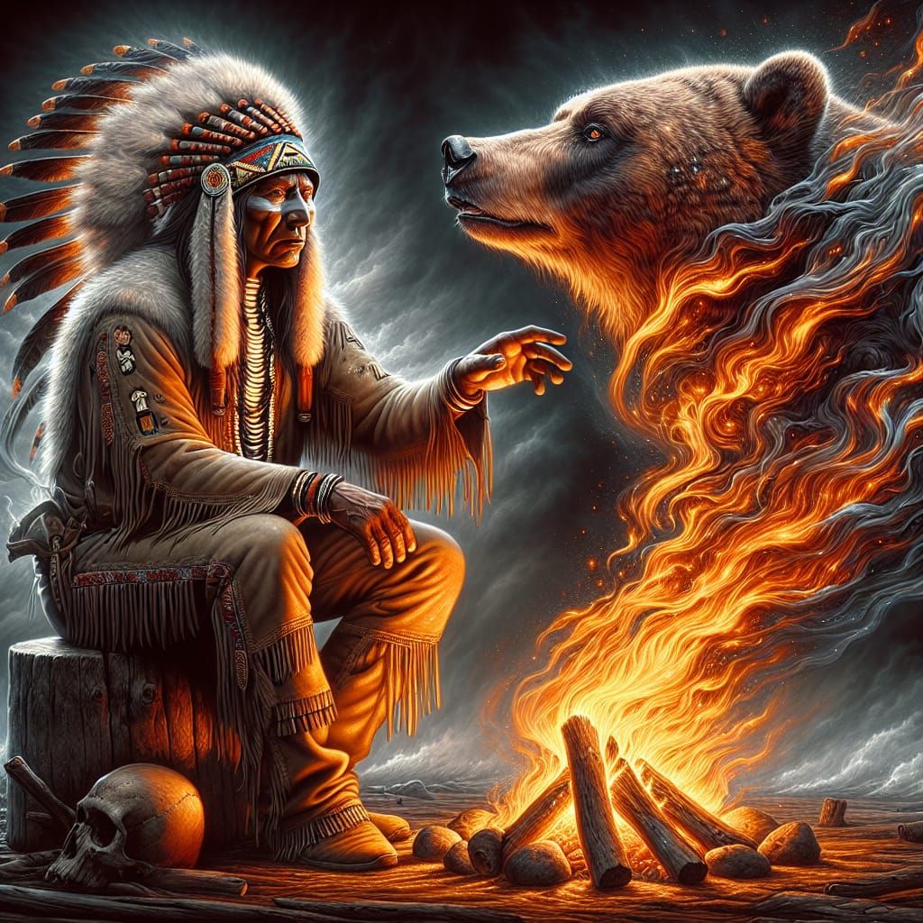 Native American Chief Consults Bear Spirit