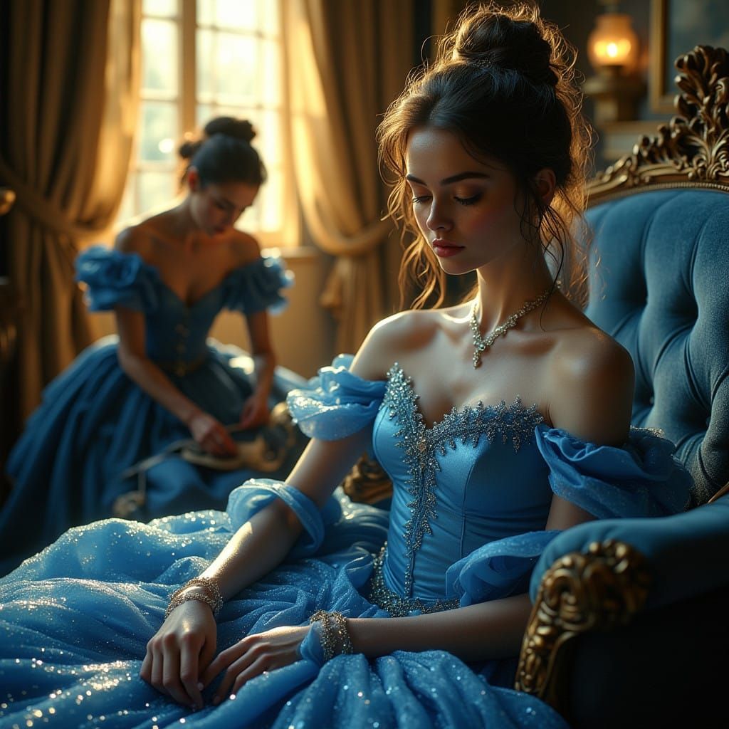 Regal Cinderella Reclines in Elegance, Contrasting with Serv...