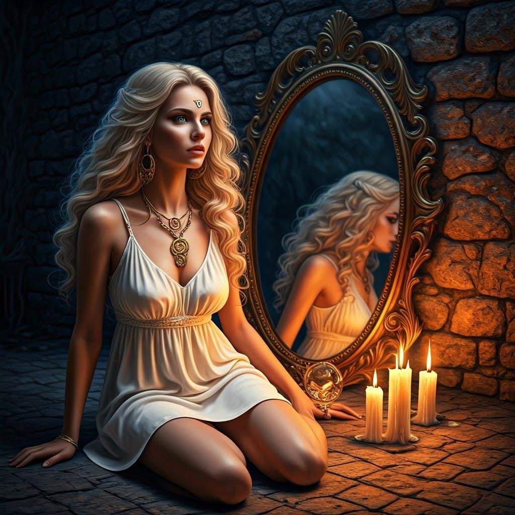 Stunning Blonde Goddess in Eerie Candlelit Atmosphere