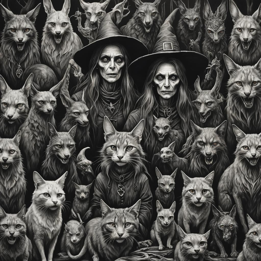 Hyperdetailed Charcoal Drawing of Horror Witch Familiars