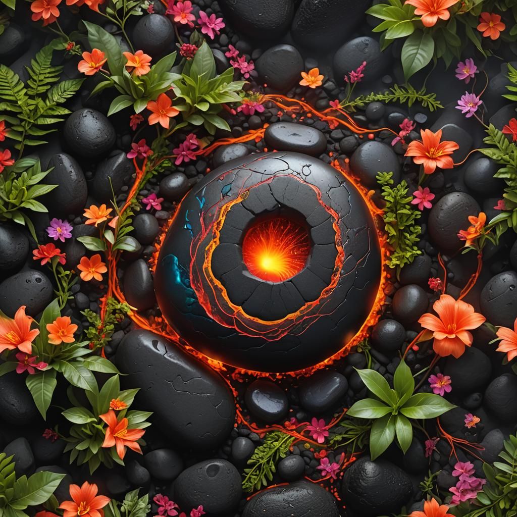 Glowing Healing Pebble in Tropical Volcanic Landscape