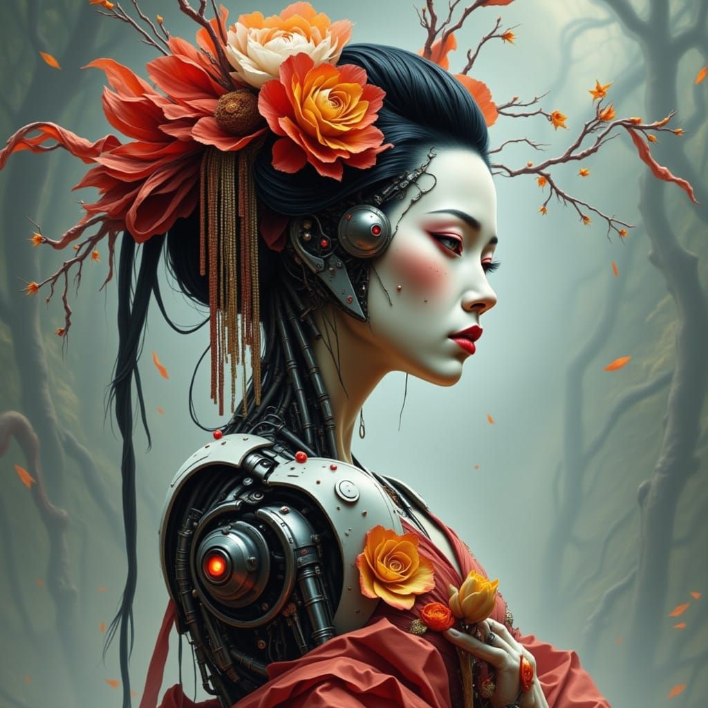 Beautiful Cyborg Geisha in Cybernetic Style