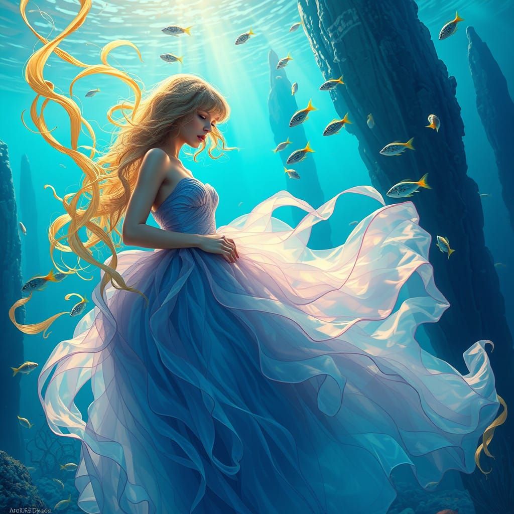 Visionary Singer Surrounded by Radiant, Undulating Oceanic F...