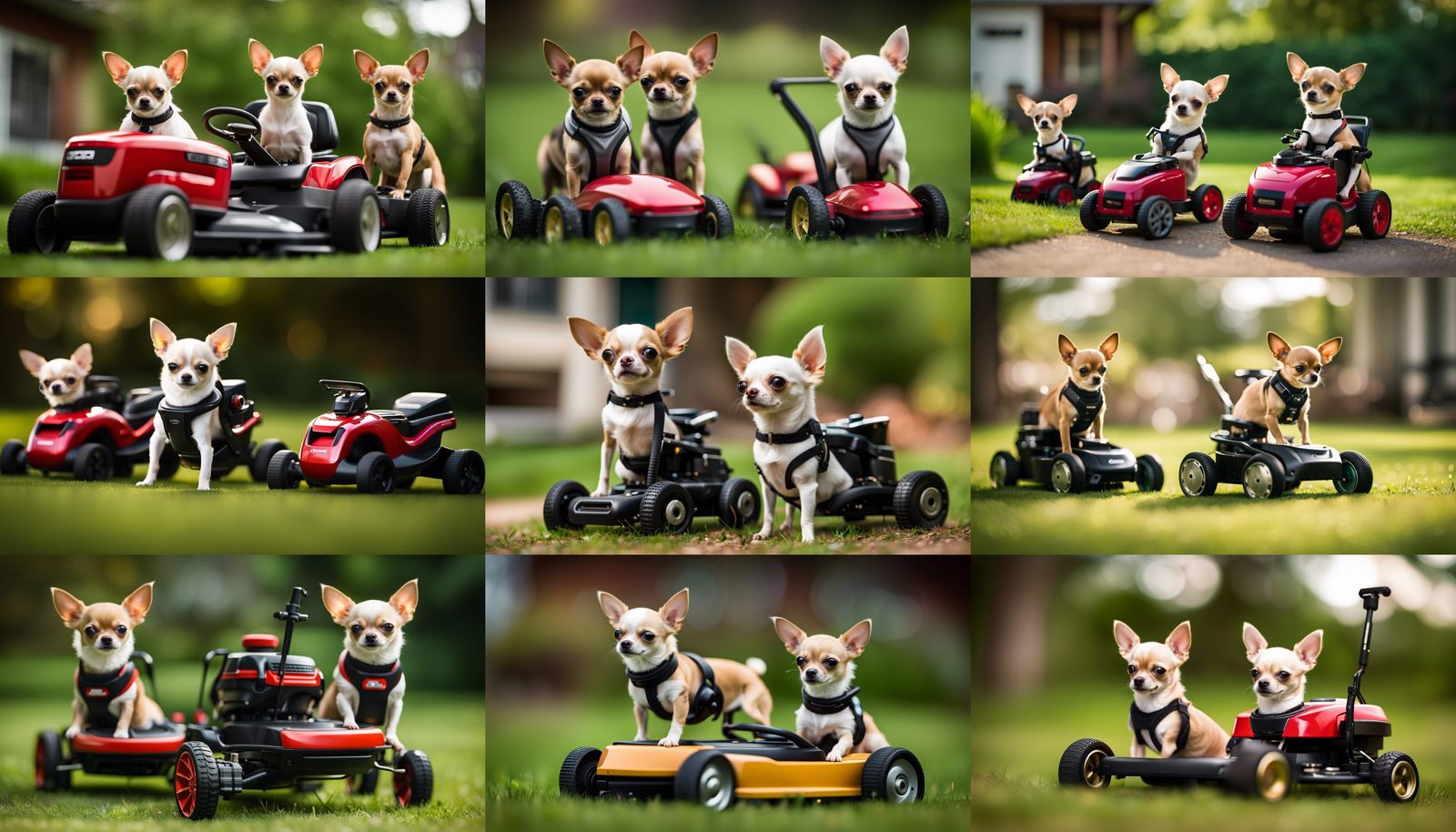 Chihuahuas Ride Robotic Lawnmowers: Sharp Focus Photo