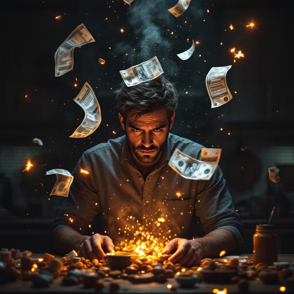 Weary Man in Kitchen Amidst Floating Bills