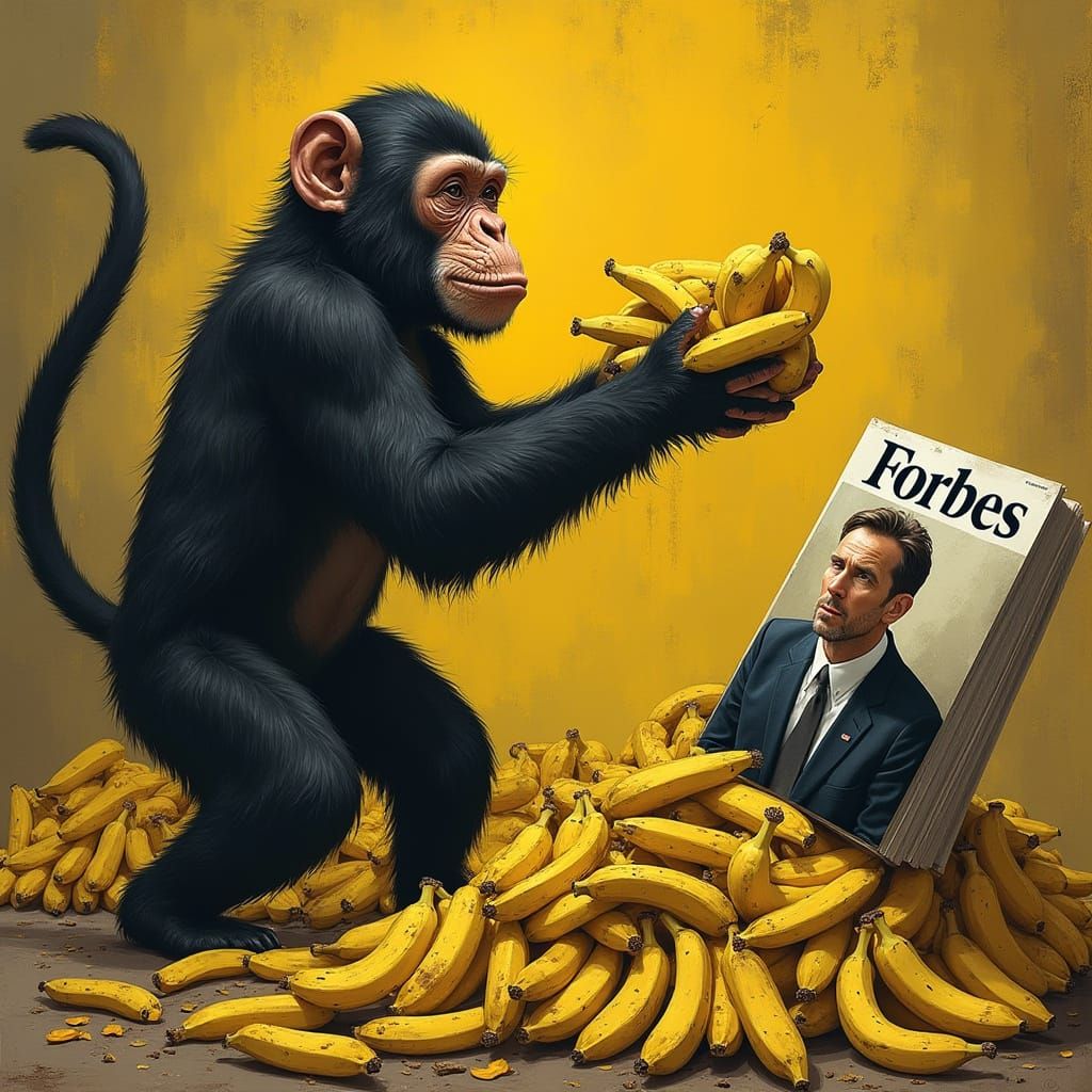 Monkey Hoards Bananas: Satirical Illustration of Greed