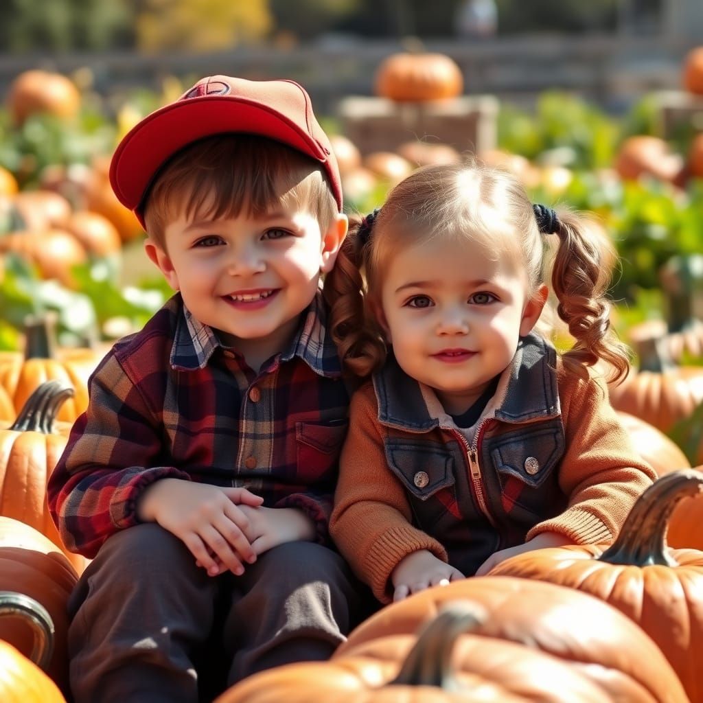 Children in a Pumpkin Patch on Fall Day